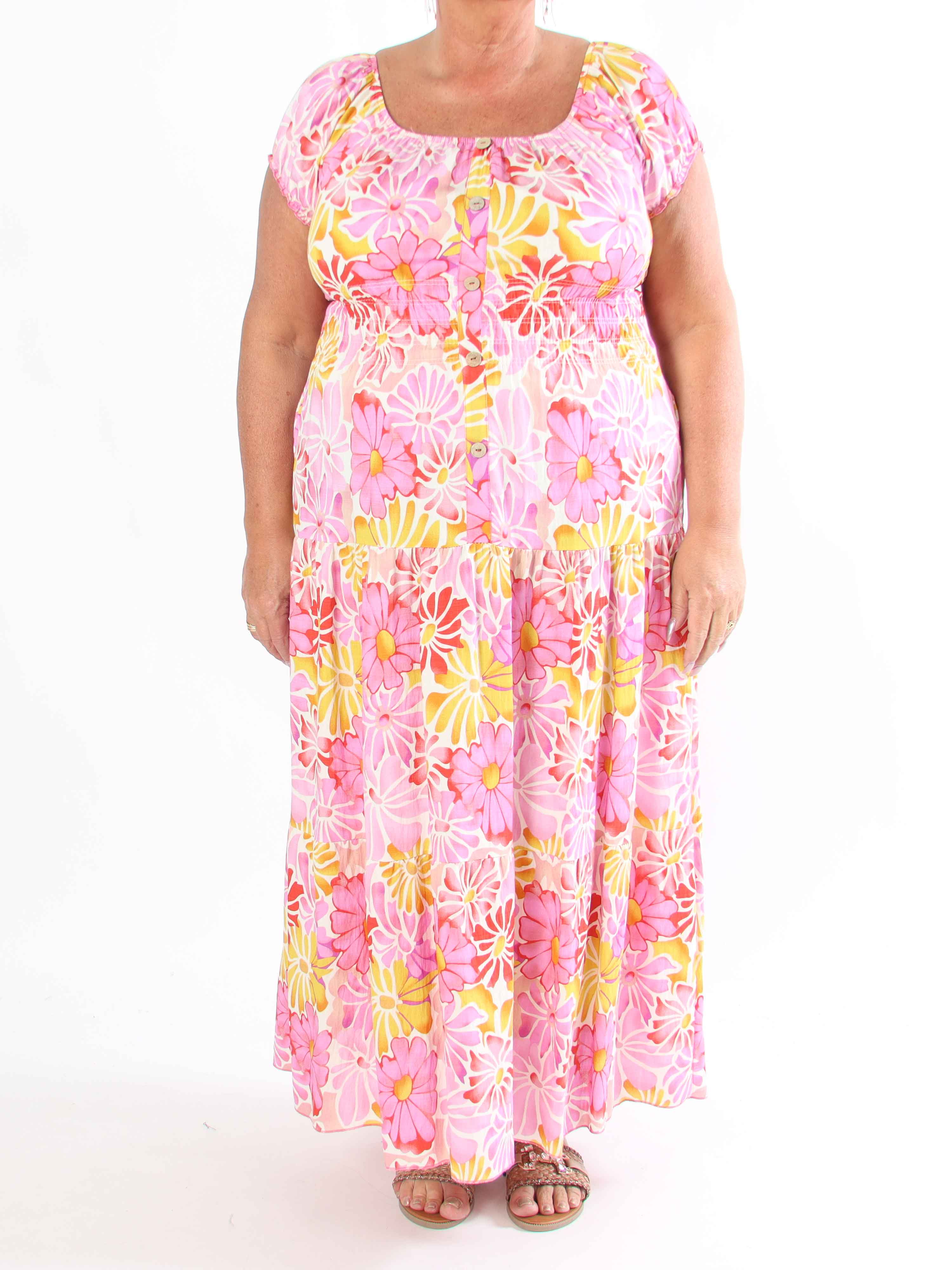 Monica - Plus size kjole i viskose med smock i taljen og pufærmer